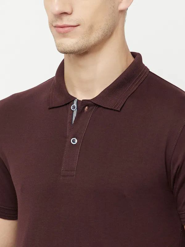 Octave Men Maroon  Temptress Polo Collar Applique T-Shirt