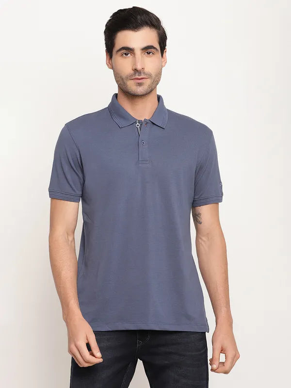 Octave Men Blue Polo Collar Cotton T-Shirt