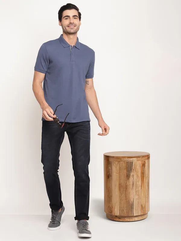 Octave Men Blue Polo Collar Cotton T-Shirt