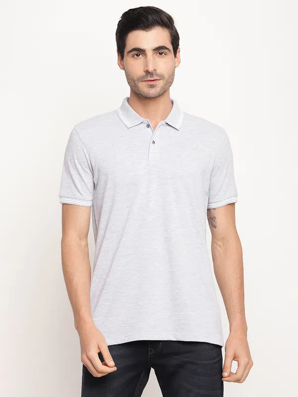 Octave Men Grey Melange Cottonâ Polo Collar T-Shirt