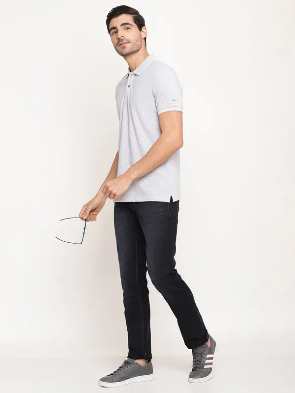 Octave Men Grey Melange Cottonâ Polo Collar T-Shirt