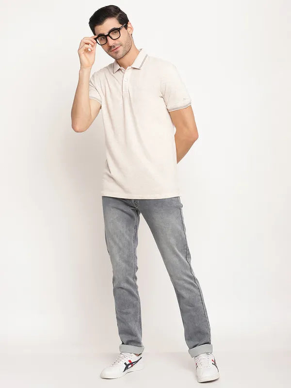 Octave Men Off White Grey Solid Polo Collar T-Shirt