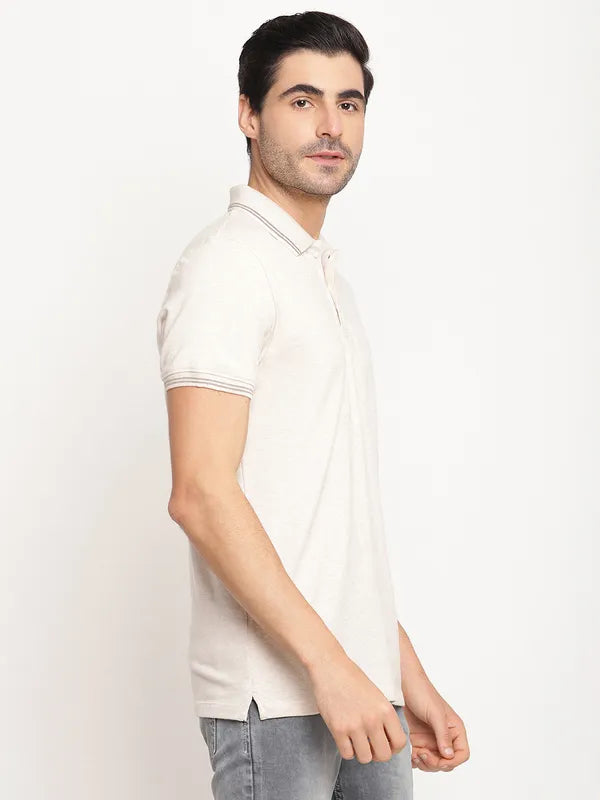 Octave Men Off White Grey Solid Polo Collar T-Shirt