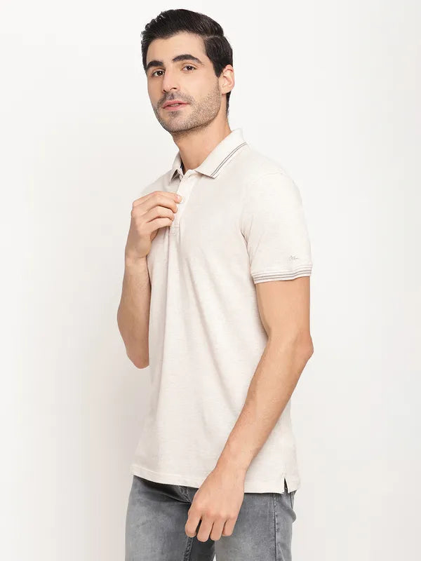 Octave Men Off White Grey Solid Polo Collar T-Shirt