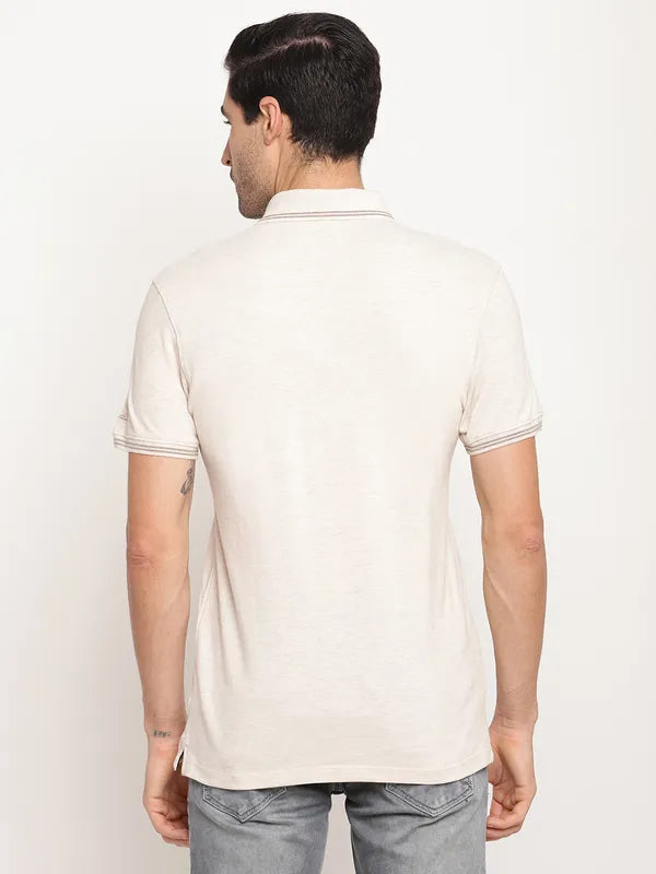 Octave Men Off White Grey Solid Polo Collar T-Shirt