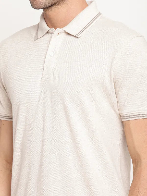 Octave Men Off White Grey Solid Polo Collar T-Shirt