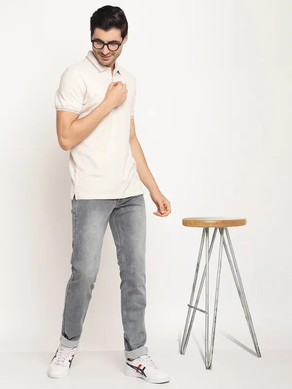Octave Men Off White Grey Solid Polo Collar T-Shirt