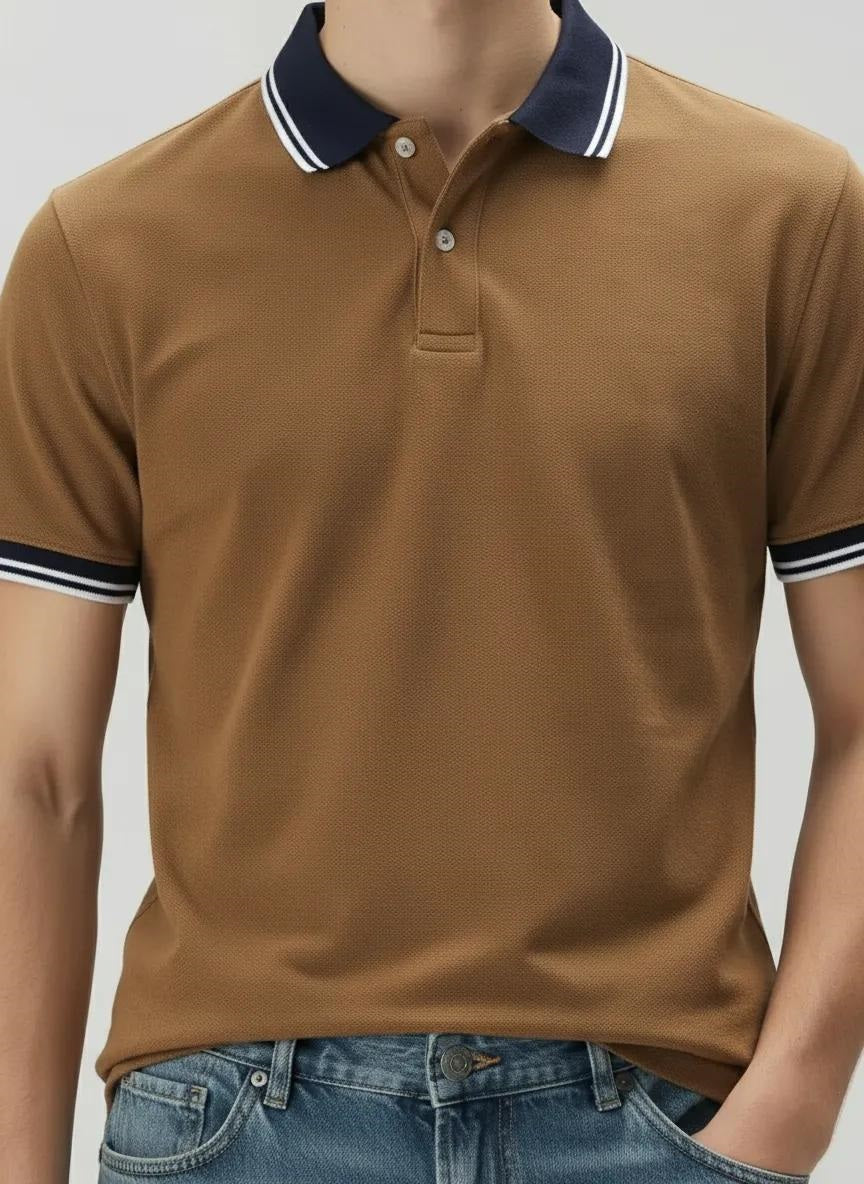 Men Tan Sold Polo Collar T-shirt