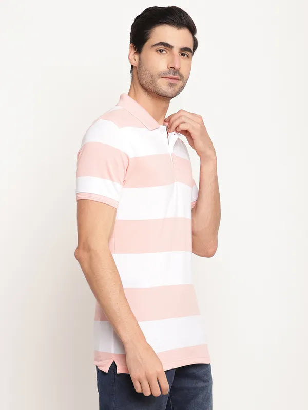 Octave Men Pink Striped Polo Collar T-Shirt