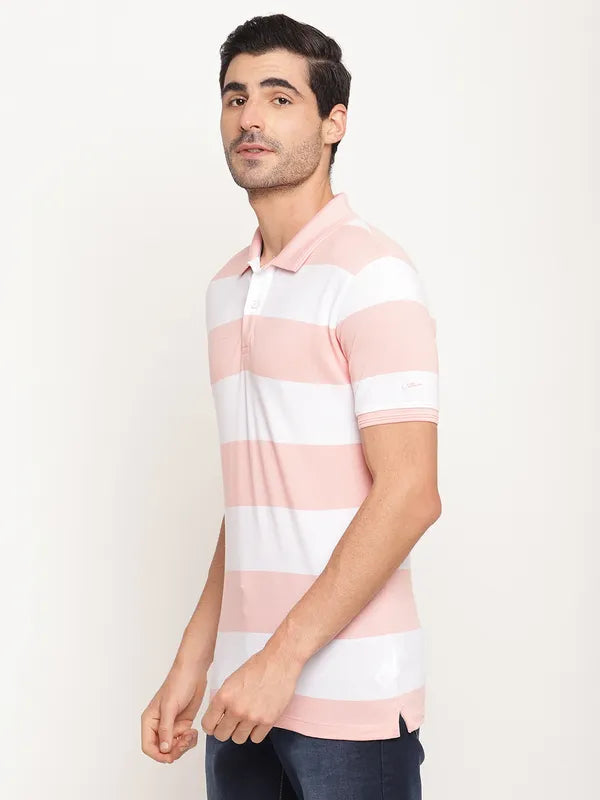 Octave Men Pink Striped Polo Collar T-Shirt