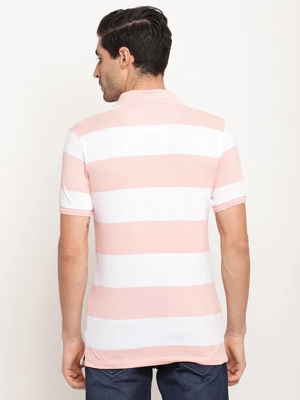 Octave Men Pink Striped Polo Collar T-Shirt