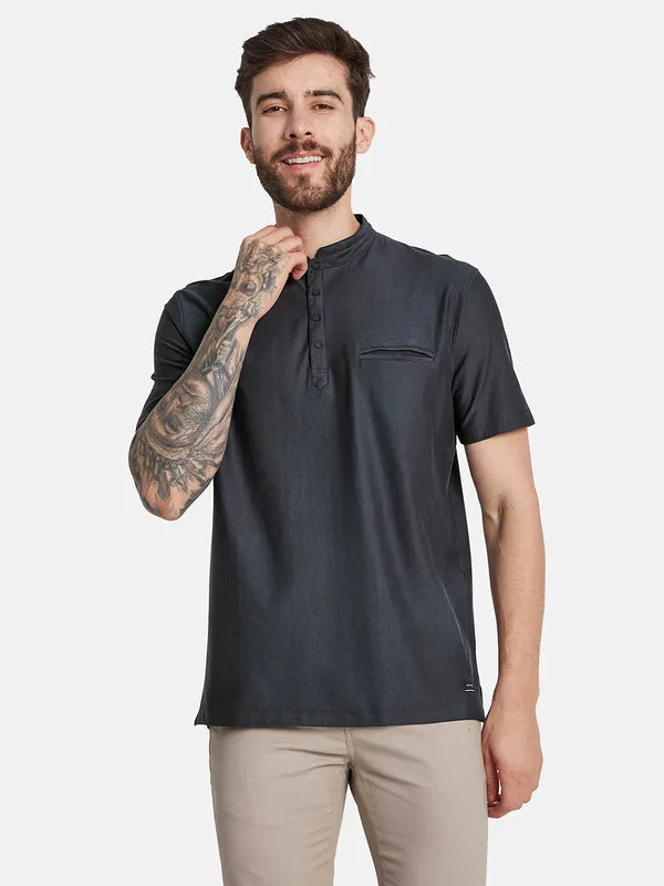 Octave Mandarin Collar Short Sleeves Regular Fit Cotton T-Shirt