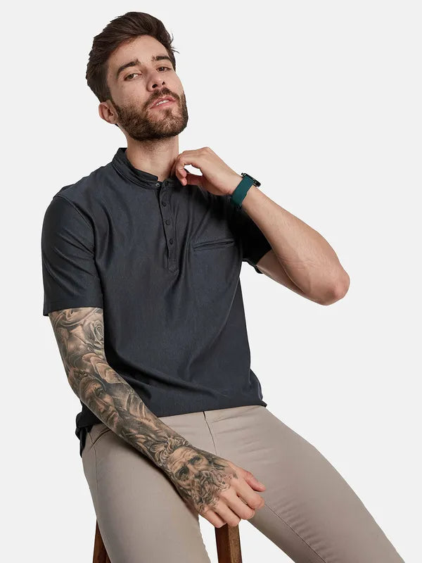 Octave Mandarin Collar Short Sleeves Regular Fit Cotton T-Shirt