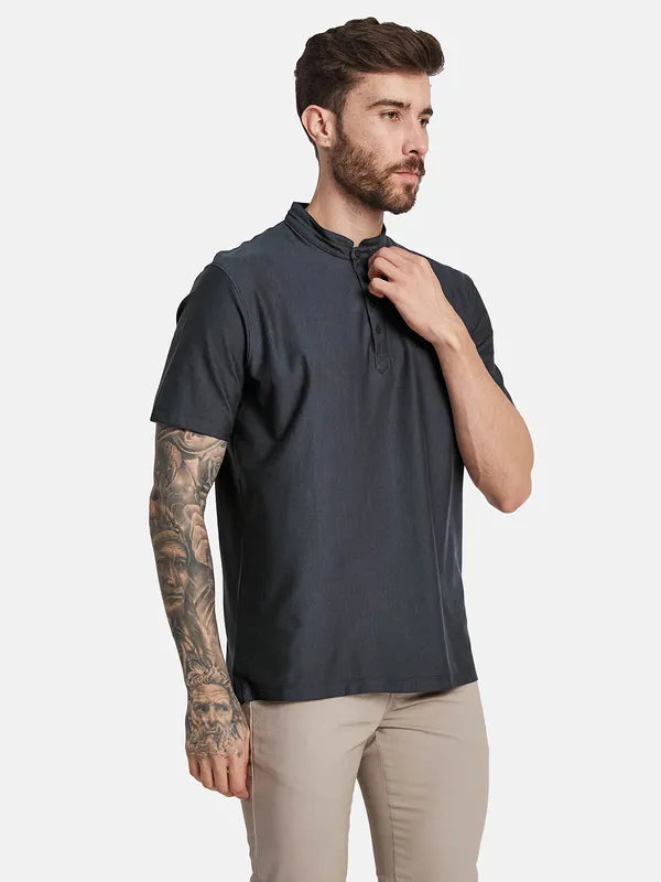 Octave Mandarin Collar Short Sleeves Regular Fit Cotton T-Shirt