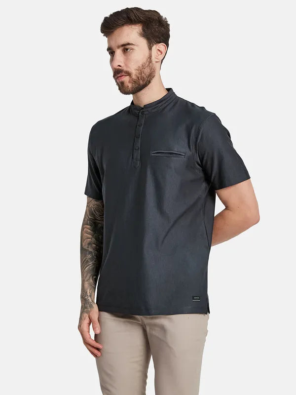 Octave Mandarin Collar Short Sleeves Regular Fit Cotton T-Shirt