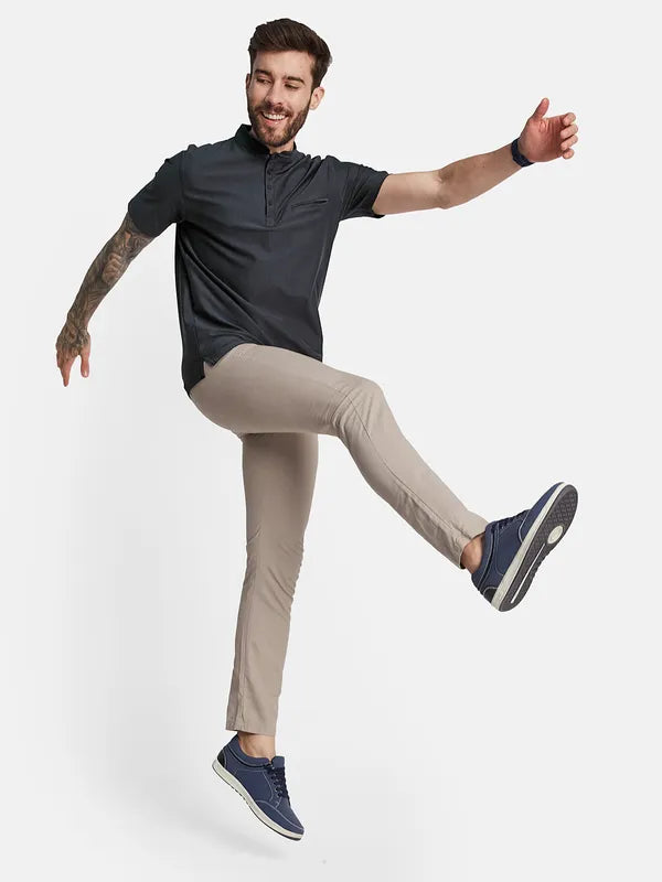 Octave Mandarin Collar Short Sleeves Regular Fit Cotton T-Shirt