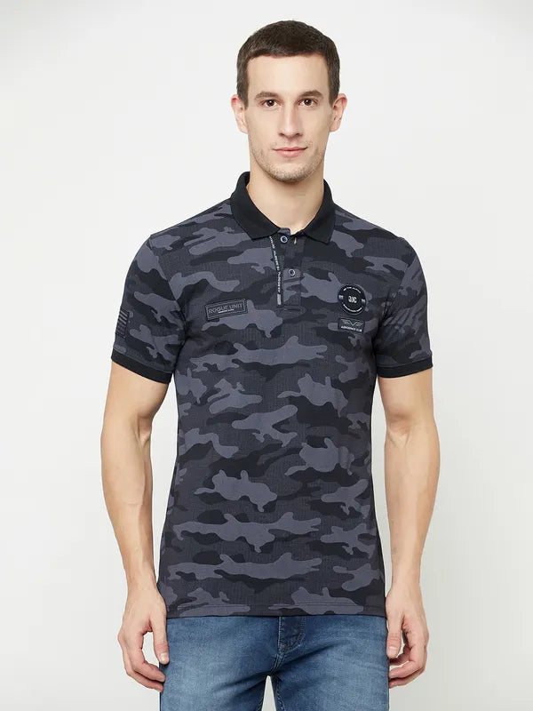 Octave Men Navy Blue Camouflage Printed Polo Collar Applique T-Shirt
