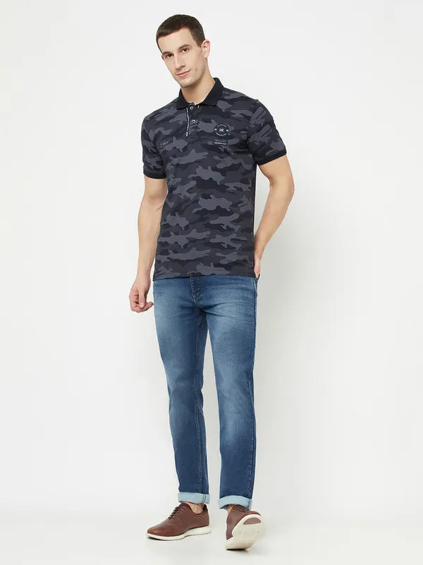 Octave Men Navy Blue Camouflage Printed Polo Collar Applique T-Shirt