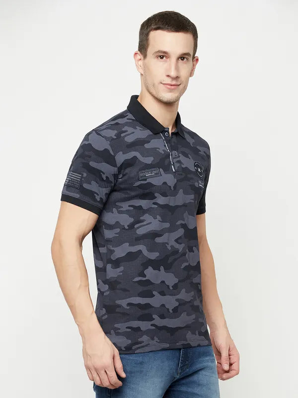 Octave Men Navy Blue Camouflage Printed Polo Collar Applique T-Shirt