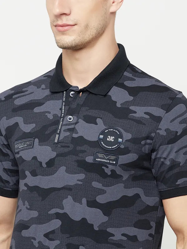 Octave Men Navy Blue Camouflage Printed Polo Collar Applique T-Shirt