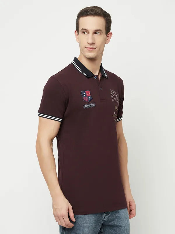 Octave Men Maroon Temptress Typography Polo Collar Applique T-Shirt