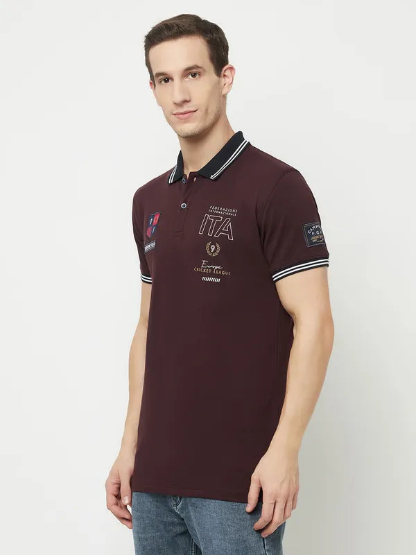 Octave Men Maroon Temptress Typography Polo Collar Applique T-Shirt