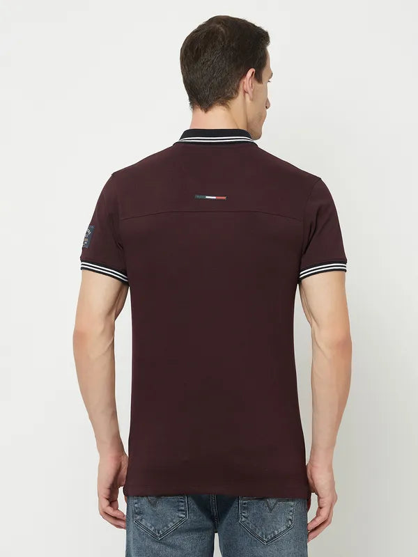 Octave Men Maroon Temptress Typography Polo Collar Applique T-Shirt