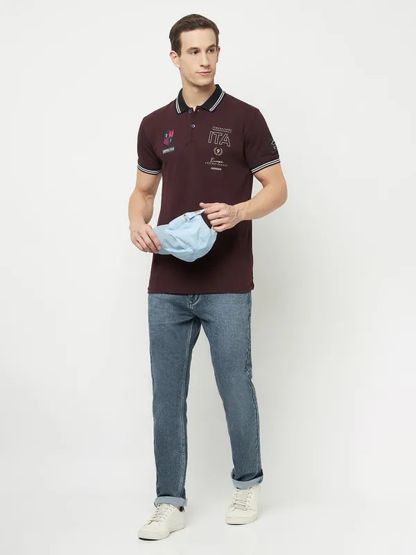 Octave Men Maroon Temptress Typography Polo Collar Applique T-Shirt