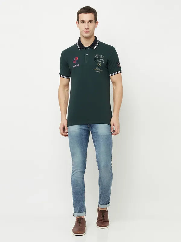 Octave Men Green Gunmetal Typography Polo Collar T-Shirt
