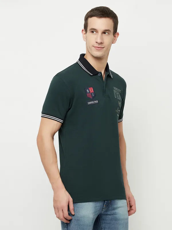 Octave Men Green Gunmetal Typography Polo Collar T-Shirt