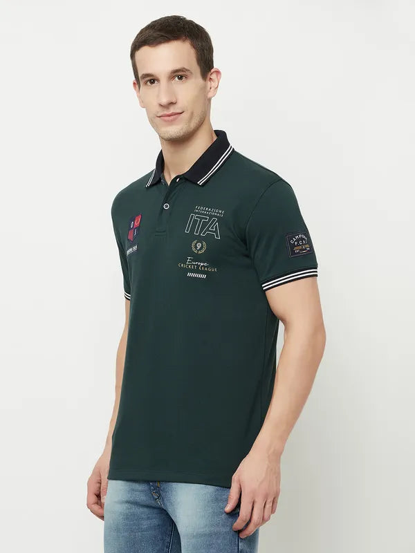 Octave Men Green Gunmetal Typography Polo Collar T-Shirt