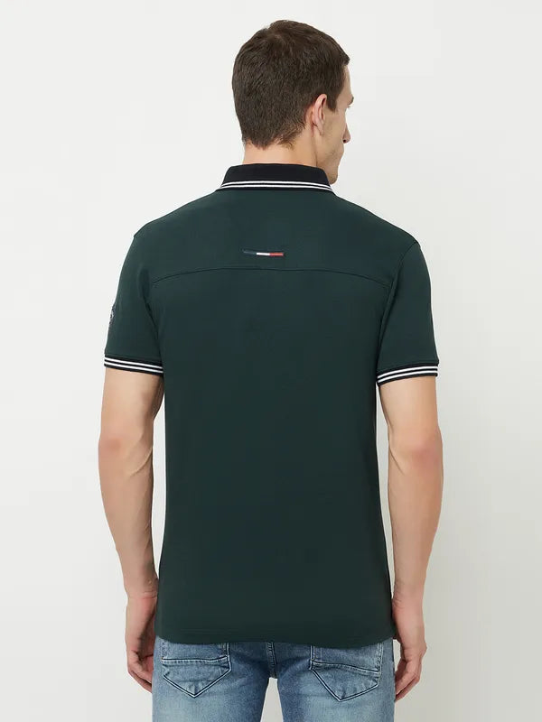 Octave Men Green Gunmetal Typography Polo Collar T-Shirt