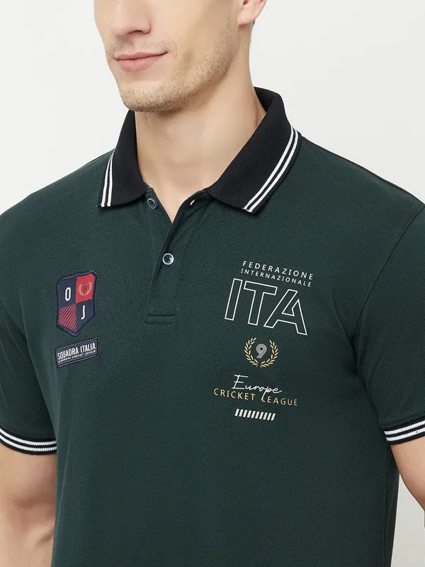 Octave Men Green Gunmetal Typography Polo Collar T-Shirt