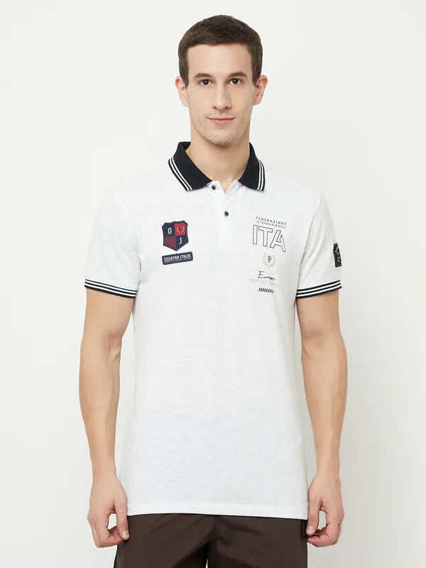 Octave Men White Polo Collar Applique T-Shirt