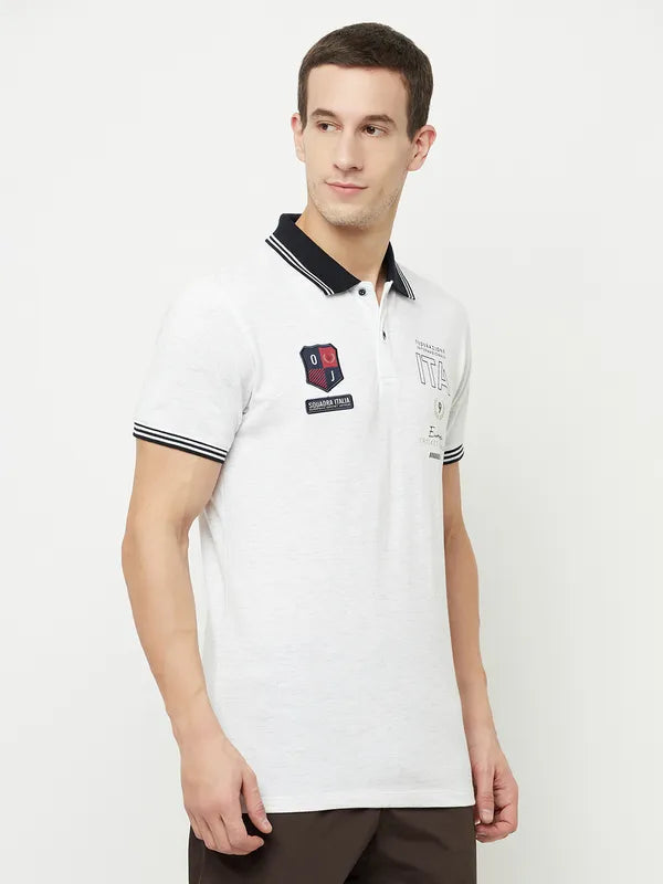 Octave Men White Polo Collar Applique T-Shirt