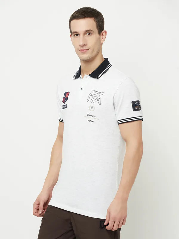 Octave Men White Polo Collar Applique T-Shirt