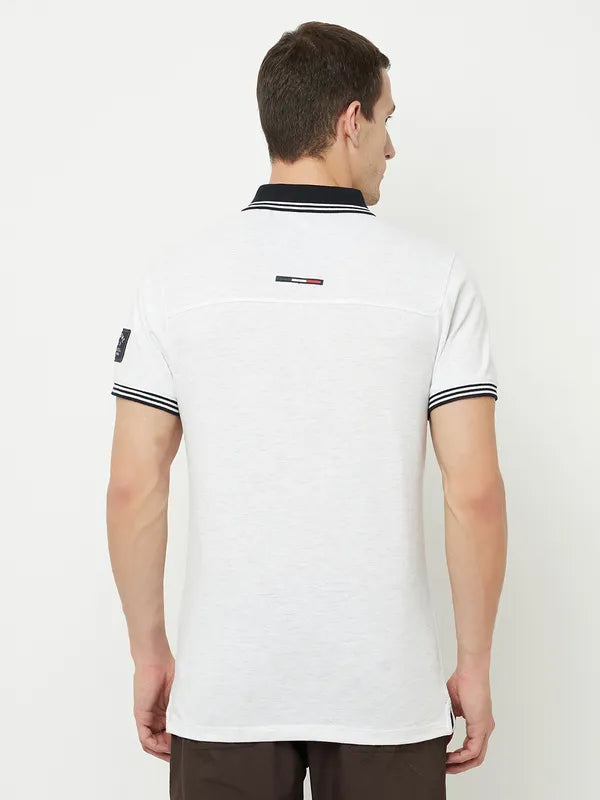 Octave Men White Polo Collar Applique T-Shirt