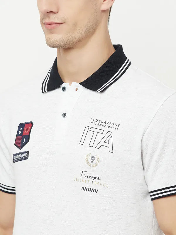 Octave Men White Polo Collar Applique T-Shirt