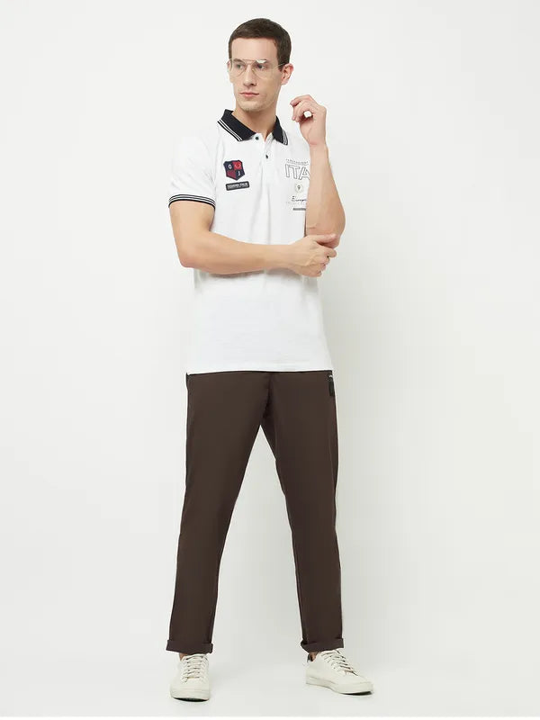 Octave Men White Polo Collar Applique T-Shirt