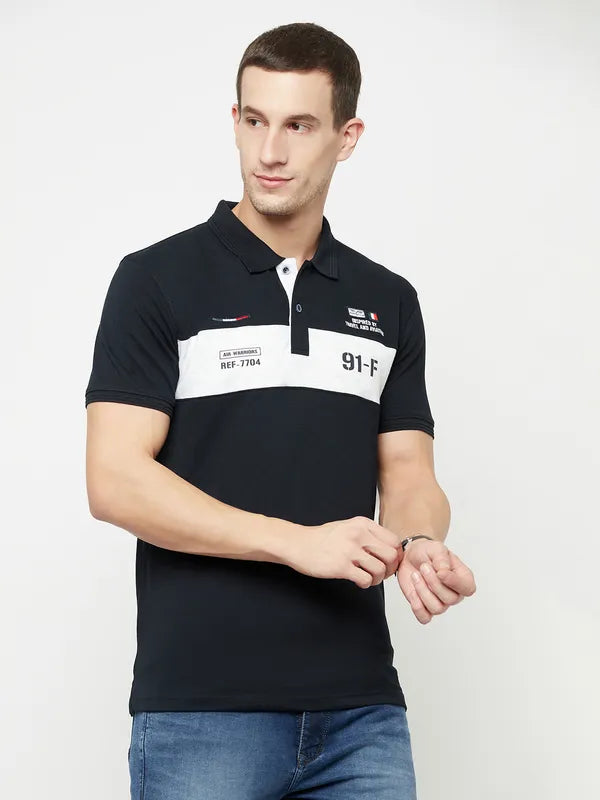 Octave Men Navy Blue Typography Polo Collar Applique T-Shirt