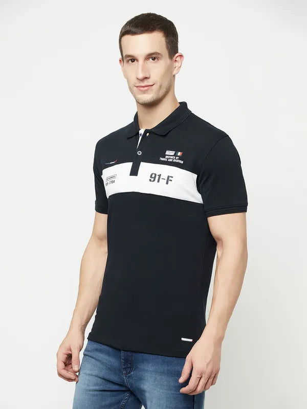 Octave Men Navy Blue Typography Polo Collar Applique T-Shirt