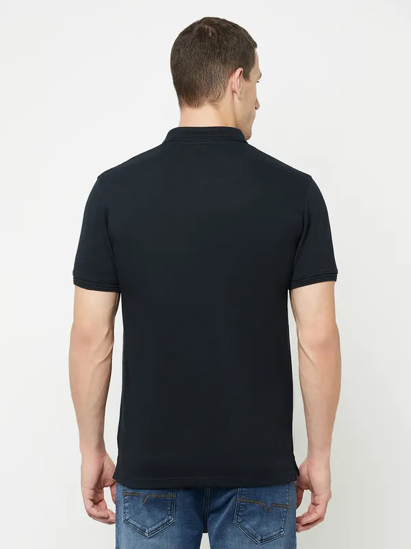 Octave Men Navy Blue Typography Polo Collar Applique T-Shirt