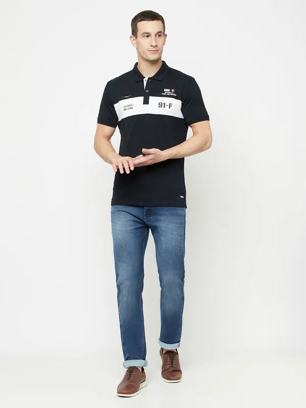 Octave Men Navy Blue Typography Polo Collar Applique T-Shirt