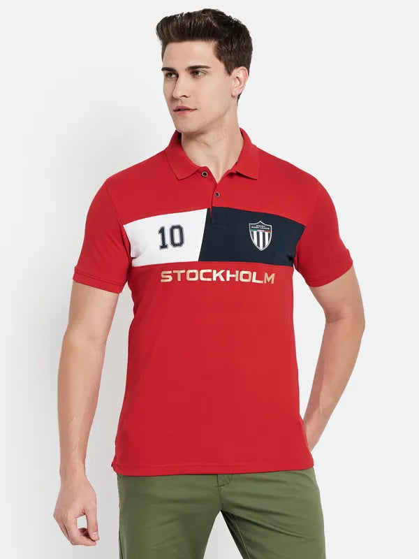 Octave Men Red Typography Colourblocked Polo Collar Applique T-Shirt