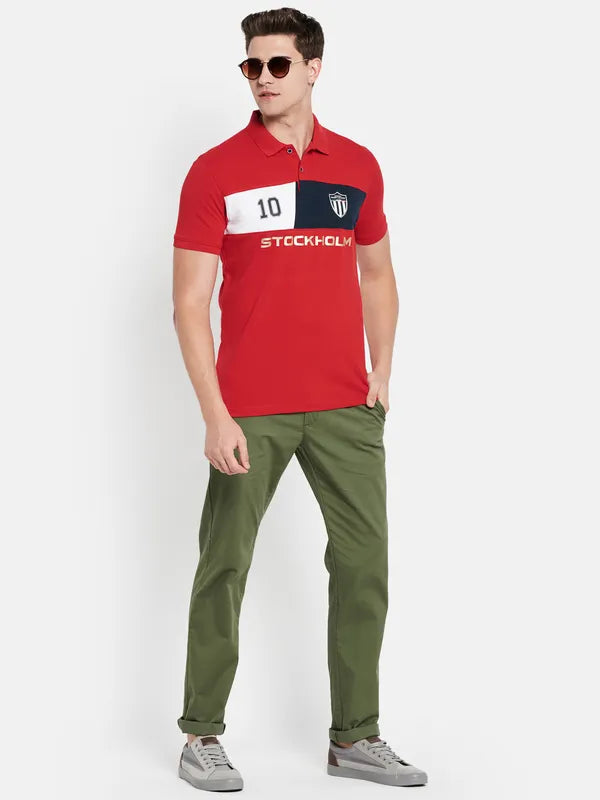 Octave Men Red Typography Colourblocked Polo Collar Applique T-Shirt