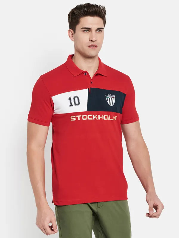 Octave Men Red Typography Colourblocked Polo Collar Applique T-Shirt