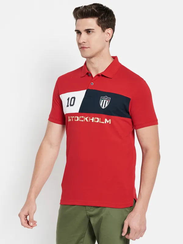 Octave Men Red Typography Colourblocked Polo Collar Applique T-Shirt