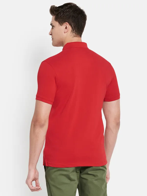 Octave Men Red Typography Colourblocked Polo Collar Applique T-Shirt
