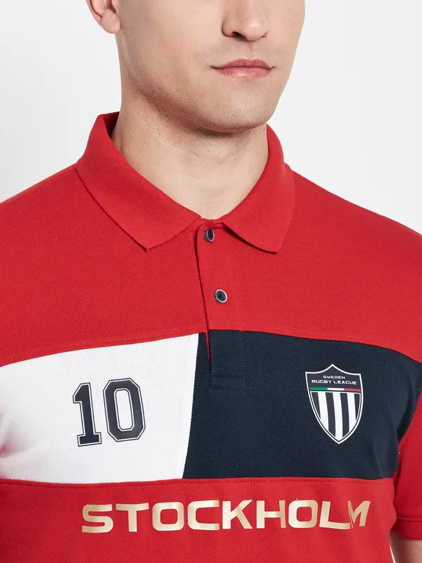 Octave Men Red Typography Colourblocked Polo Collar Applique T-Shirt