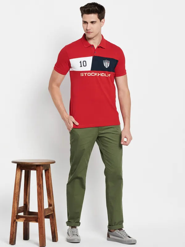 Octave Men Red Typography Colourblocked Polo Collar Applique T-Shirt
